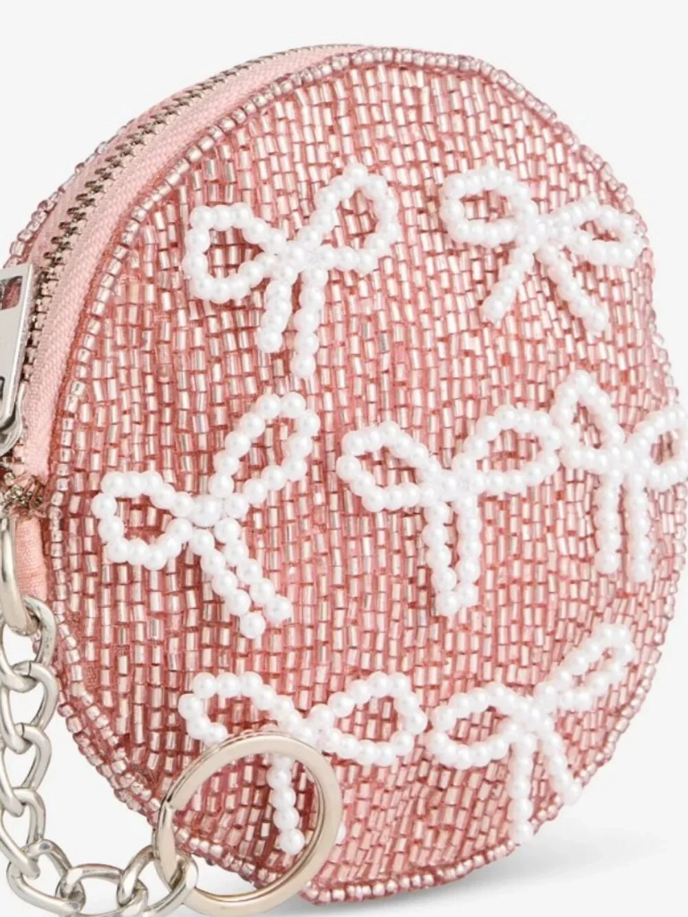 On 34th beaded round coin purse pouch for women girls - Pink with white bows